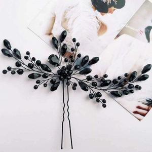 Elegant U-shaped hair pin featuring black crystals and handmade beaded wire floral design