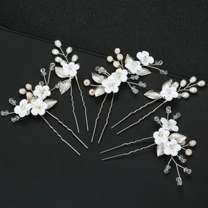Lot de 5 épingles à cheveux de mariée avec fleurs en argile et feuilles en métal