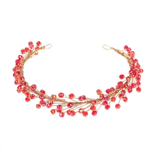 Handmade red crystal and gold wire bridal hair vine headband for weddings