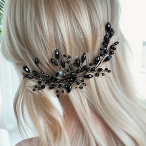 Elegant black crystal bead hair vine accessory for women styled on blonde wavy hair