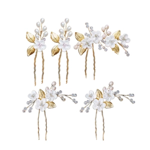 Set de 5 épingles à cheveux fleurs blanches avec feuilles dorées, perles et strass