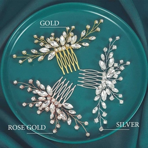 Handmade Bridal Hair Comb Rhinestone Wedding Hair Piece Floral Branch Side Comb Gold Silver Blue Accessories For Women Bridesmaid