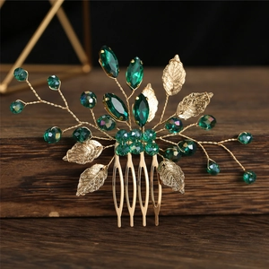 Elegant Gold Alloy Leaf Bridal Hair Comb With Emerald Green Rhinestones For Wedding Party Headpiece Jewelry For Women