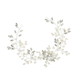 Detailed view of handmade bridal hair vine with silver wire, pearls and crystals