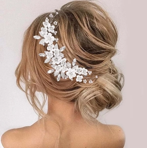 Handmade Bridal Hair Vine White Ceramic-Look Flowers Silver Leaves Artificial Pearl Rhinestone Elegant Wedding Headband Women Jewelry