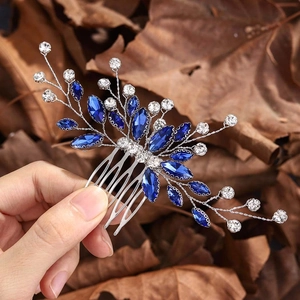Silver bridal hair comb with deep blue marquise gems and sparkling round rhinestones