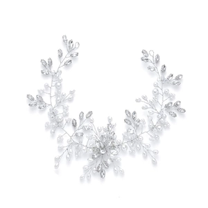 Handmade bridal hair vine with white pearls and crystals on silver wire base