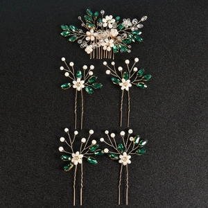 Détails du lot de 5 accessoires de coiffure de mariée avec cristaux verts et perles