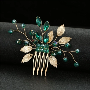 Elegant emerald crystal hair comb with golden metal leaves for bridal wedding hairstyles