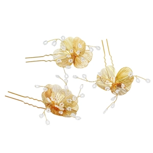 Set of 3 gold baroque flower bridal hair pins with pearls for elegant wedding hairstyles