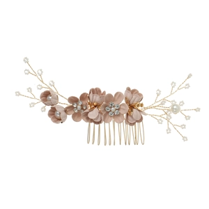 Elegant floral wedding hair comb with pink fabric petals, pearls, and crystals on gold wire