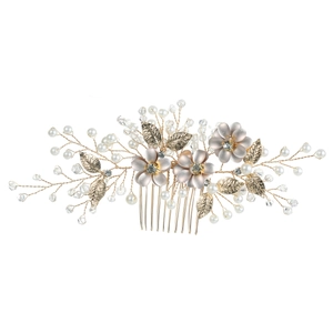 Floral gold hair comb with purple flowers, pearls, and crystals for weddings