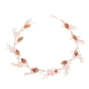 Serre-tête feuilles en or rose avec perles de cristal rose pour coiffure de mariage romantique