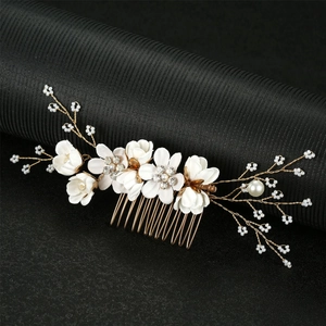 Handmade Bridal Hair Comb Fabric Flower Rhinestone Imitation Artificial Pearl Wedding Headpiece Elegant Floral Hair Clip Accessories