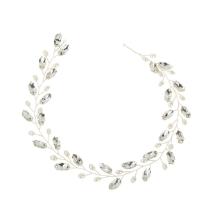 Elegant bridal hair vine with silver wire, sparkling rhinestones and white pearls for weddings
