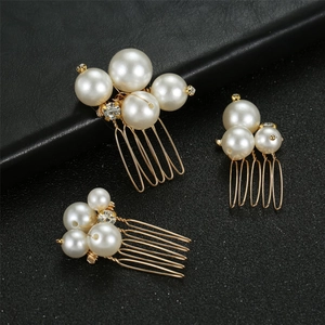 Elegant Alloy Faux Artificial Pearl Rhinestone Bridal Hair Combs Set Gold Plated Vintage Wedding Headpiece Accessories For Women