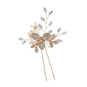 Épingle à cheveux de mariée en U avec cristaux marquise et perles dorées