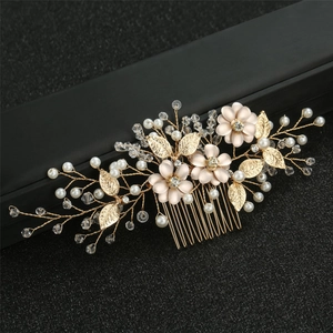 Floral bridal hair comb with gold leaves, handmade pearls and sparkling crystals on black base