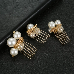 3-piece gold bridal hair comb set with white pearls for wedding hair styling