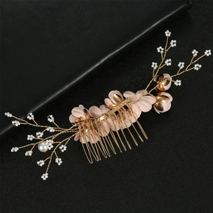 Exquisite bridal hair comb with pink fabric flowers, white pearl and golden wire weave