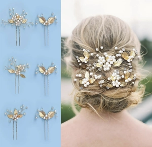 Set di 6 forcine dorate con perle e cristalli per acconciature da sposa eleganti