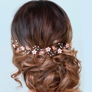 Vigne à Cheveux en Alliage Or Rose Feuilles Cristaux Roses et Künstliche Perles Bandeau Fleur Fait à la Main pour Mariage Mariée Fête