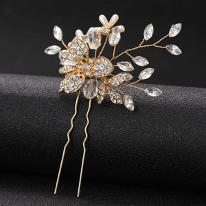 Épingle à cheveux de mariée dorée en U avec papillon en strass et fleur de perle