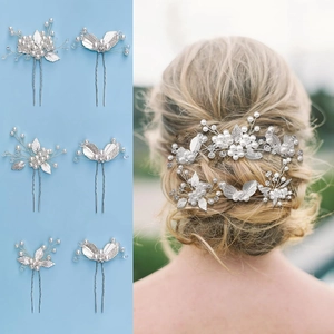 Set di 6 forcine argentate con foglie, perle e cristalli per acconciature da sposa
