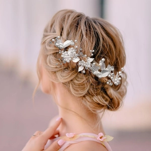 Set di forcine da sposa con foglie d'argento e perle bianche per acconciature da matrimonio