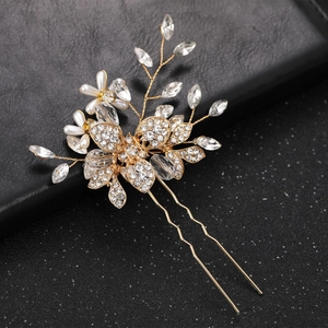 Pic à Cheveux en Forme de U en Alliage Doré de Luxe avec Strass et Künstliche Perles Fleur Feuille Bijoux de Mariage Femme