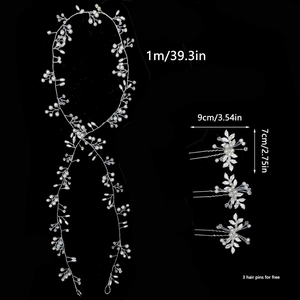 Vigne de cheveux de mariée de 1 m en perles et cristal avec trois épingles à cheveux