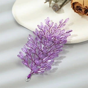Elegant purple crystal beaded feather headband with metallic wire and silver loop finish