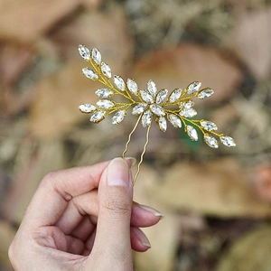 Épingle à cheveux de mariée en U avec cristaux marquise et feuilles dorées pour mariage