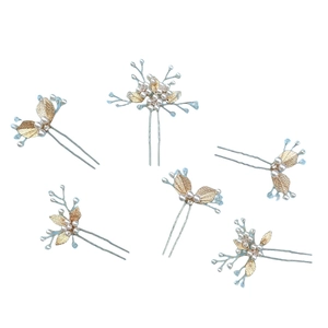 Set di 6 forcine a U con foglie dorate, perle bianche e cristalli blu per acconciature