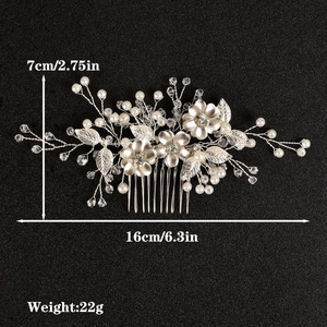 Detailed view of handmade flower hair comb with crystal pearls and size measurements