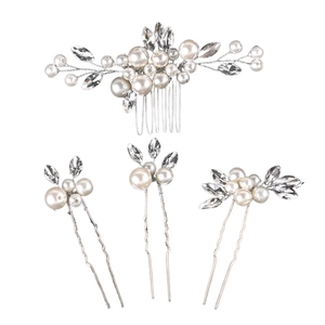 Parure de 4 accessoires cheveux de mariée avec perles et cristaux pour coiffure de fête