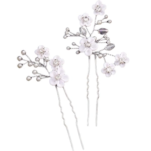 Lot de deux épingles à cheveux de mariée avec fleurs blanches perles et cristaux brillants