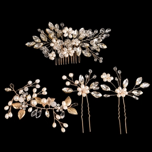Détails du set de coiffure de mariée avec perles blanches, cristaux et feuilles dorées