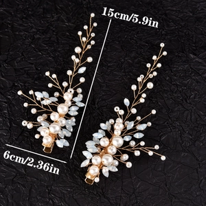 Elegante coppia di fermagli per capelli da sposa con perle e cristalli a foglia