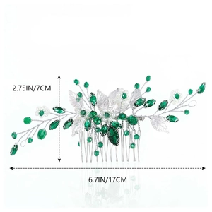 Silver bridal hair comb with emerald crystals, pearls and leaves, 17cm wide design