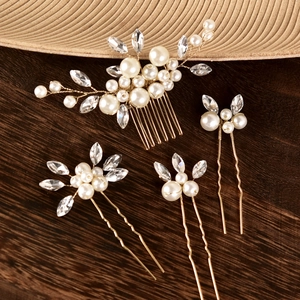 Parure de bijoux de tête de mariage faits main avec perles et cristaux dorés pour mariées