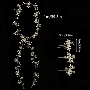 Parure de bijoux de cheveux mariage avec vigne dorée 1m et trois épingles à perles