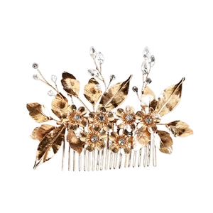 Elegant gold flower bridal hair comb with crystals and rhinestones for wedding hairstyles
