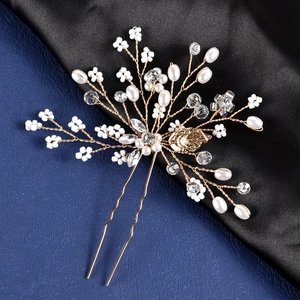 Forcina per capelli da sposa dorata con fiori fatti a mano, perle e strass per acconciature