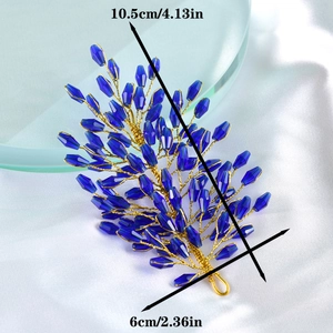 Blue crystal leaf hair clip with gold wire, handcrafted elegant wedding jewelry accessory