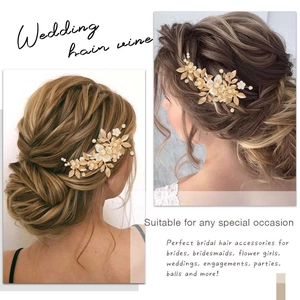 Détail de vigne à cheveux mariée avec feuilles dorées et perles sur coiffure de mariage