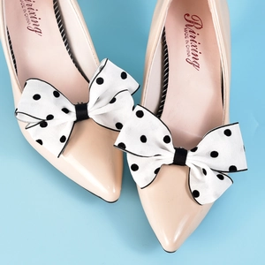 Polka dot bow shoe clips on beige pointed toe ballet flats for bridal wedding accessories