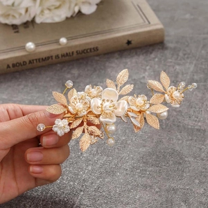 Pince à Cheveux Mariée Fleur de Feuille Dorée Avec Fleurs en Résine Blanche Künstliche Perle Strass Accessoire Cheveux Femme