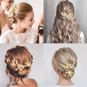 Lot d'épingles à cheveux feuilles dorées et perles avec quatre coiffures de mariage
