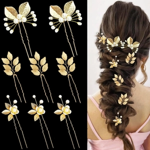 Set de Pics à Cheveux de Mariée Feuille d'Or Künstliche Perle Fleur Alliage en U pour Mariage Banquet Fête Accessoires de Coiffure Élégants
